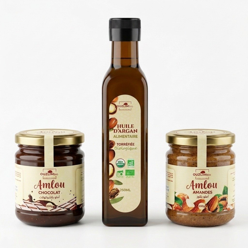 Pack Gourmet Bio Marokko Trio: Bio-Arganöl (250ml) + Amlou Mandeln (200g) + Amlou Schokolade (200g) – Bild 3