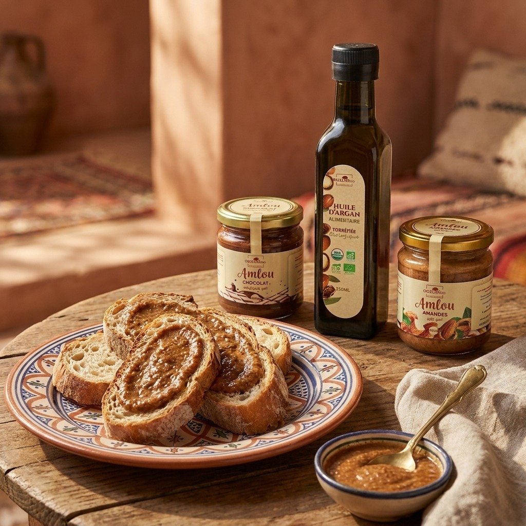 Pack Gourmet Bio Marokko Trio: Bio-Arganöl (250ml) + Amlou Mandeln (200g) + Amlou Schokolade (200g) – Bild 4